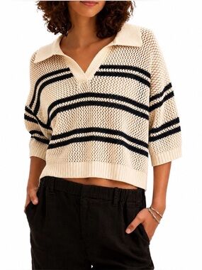 Happily Grey Cream & Black Striped Knit Collared Short Sleeve Top Womens XL